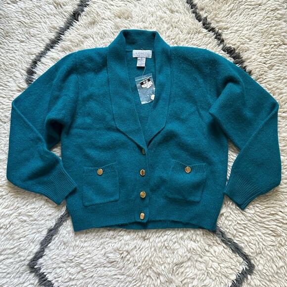 Vintage Lauren Cole Teal Wool angora Cardigan jacket knit blazer gold buttons P - Picture 2 of 15